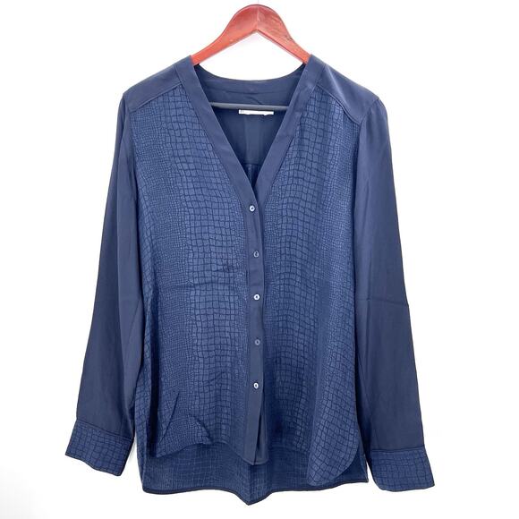Vince Navy Blue Silk Long Sleeve V-Neck Button Down Blouse Top Womens Medium - Picture 1 of 5
